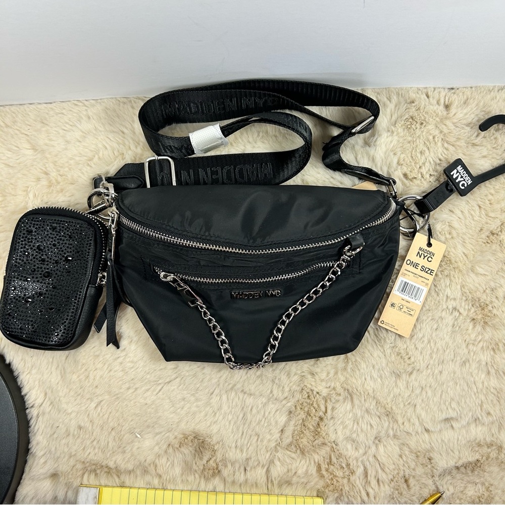 NWT MADDEN NYC Black Crossbody Bag with Chain Detail and Adjustable Strap 2 pc